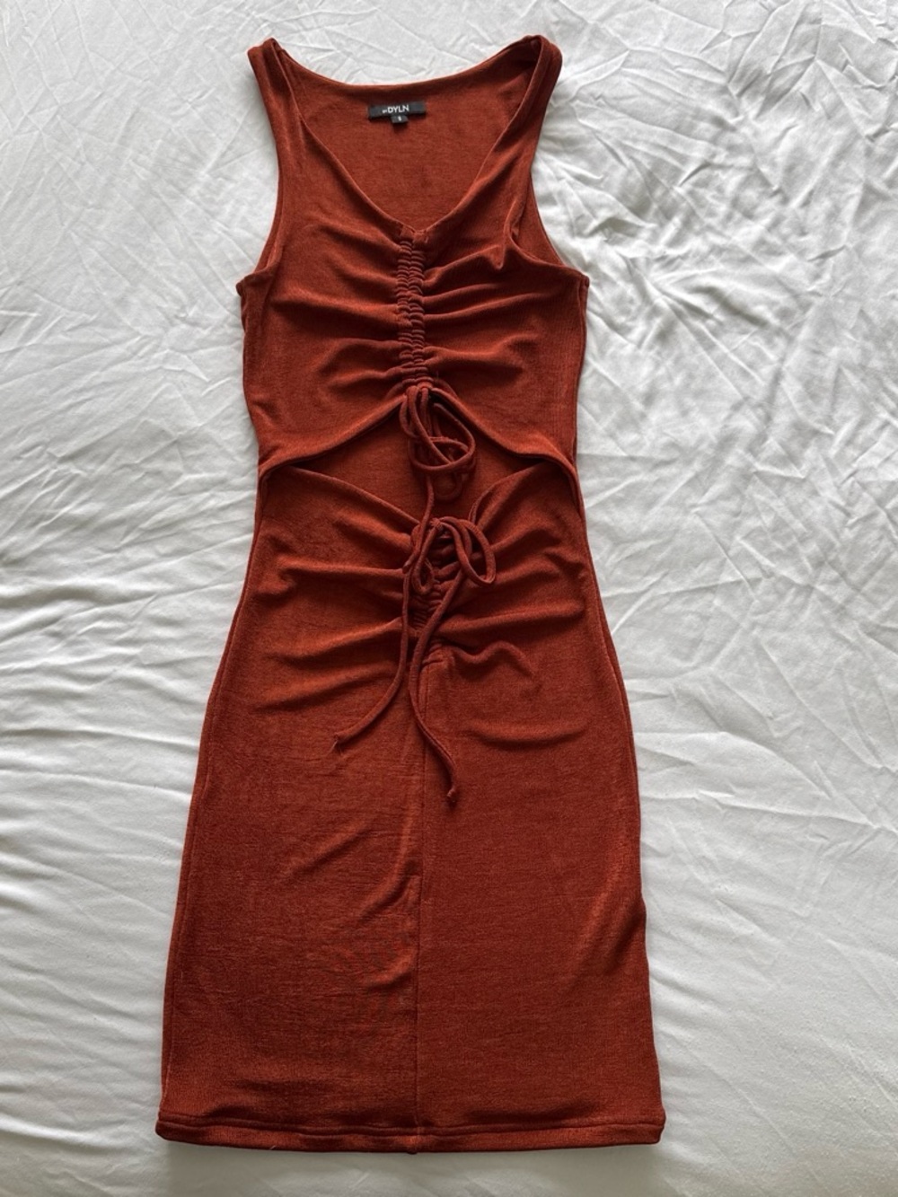 Ribbed Drawstring Bodycon Dress - Rust